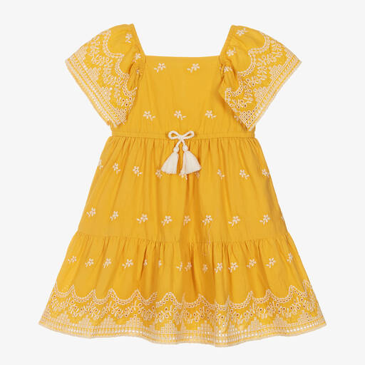 Mayoral-Girls Yellow Embroidered Cotton Dress | Childrensalon Outlet