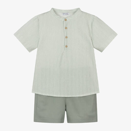 Mebi-Boys Green Cotton & Linen Shorts Set | Childrensalon Outlet