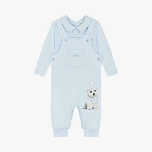 Mintini Baby-Baby Boys Blue Cotton Puppy Dungaree Set | Childrensalon Outlet