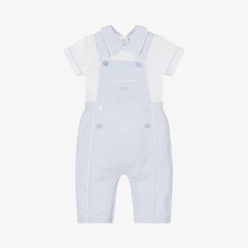 Mintini Baby-Baby Boys Blue Striped Cotton Dungaree Set | Childrensalon Outlet