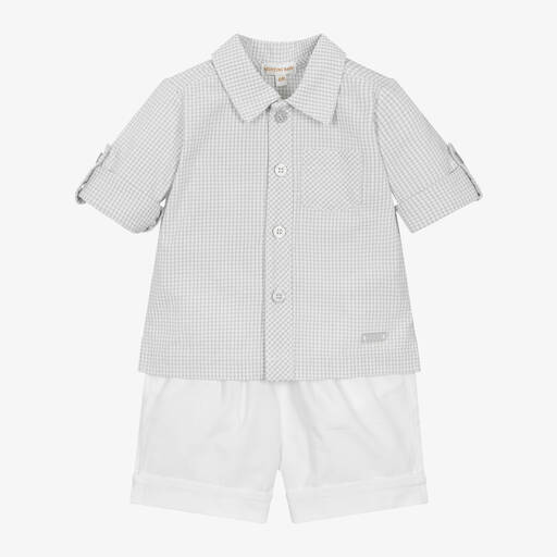 Mintini Baby-Baby Boys Grey & White Cotton Shorts Set | Childrensalon Outlet
