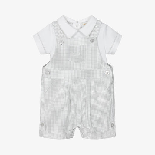 Mintini Baby-Baby Boys White & Grey Dungaree Shorts Set | Childrensalon Outlet