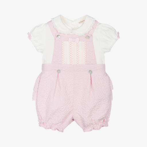 Mintini Baby-Baby Girls Pink Matelassé Dungaree Set | Childrensalon Outlet