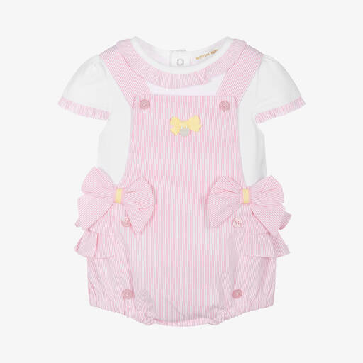 Mintini Baby-Girls Pink Cotton Dungaree Shorts Set | Childrensalon Outlet