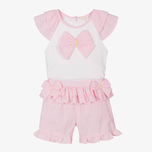 Mintini Baby-Girls White & Pink Cotton Shorts Set | Childrensalon Outlet