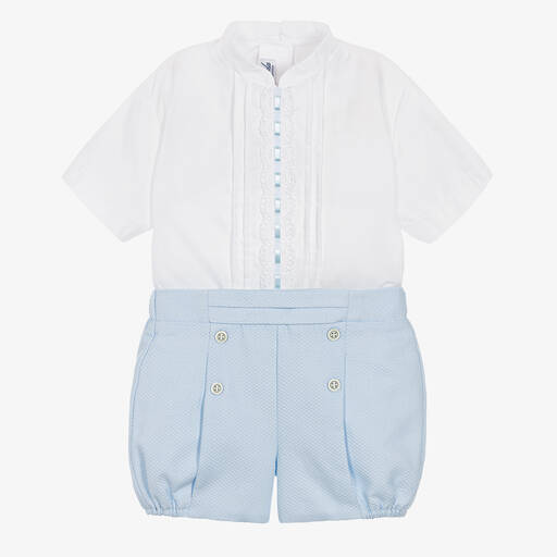 Miranda-Boys White & Blue Cotton Shorts Set | Childrensalon Outlet