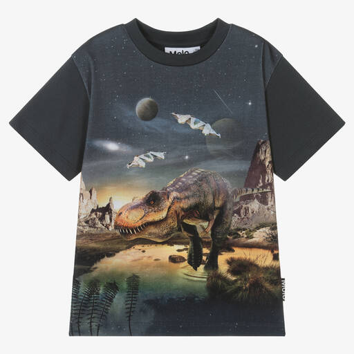 Molo-Boys Grey Cotton T-Rex Planet T-Shirt | Childrensalon Outlet