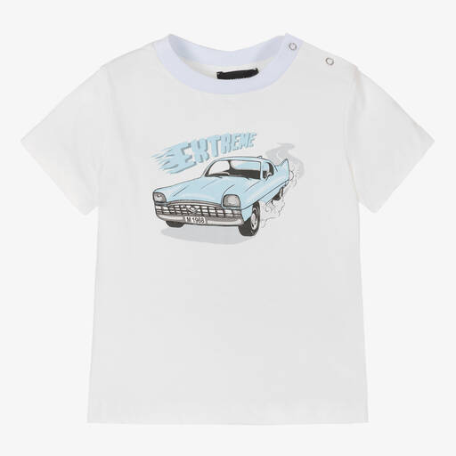 Monnalisa-Weißes Baumwoll-T-Shirt mit Auto | Childrensalon Outlet