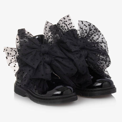 Monnalisa-Teen Girls Black Patent Leather Bow Boots | Childrensalon Outlet