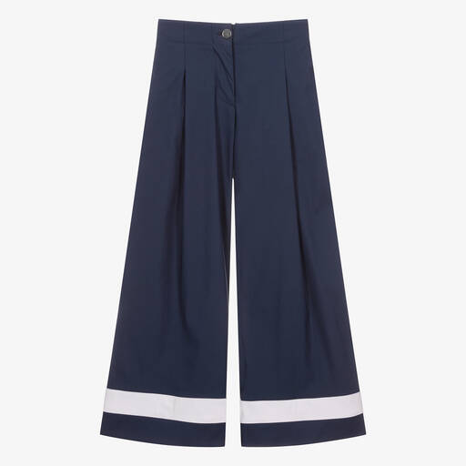 Monnalisa-Teen Girls Navy Blue Cotton Wide Leg Trousers | Childrensalon Outlet