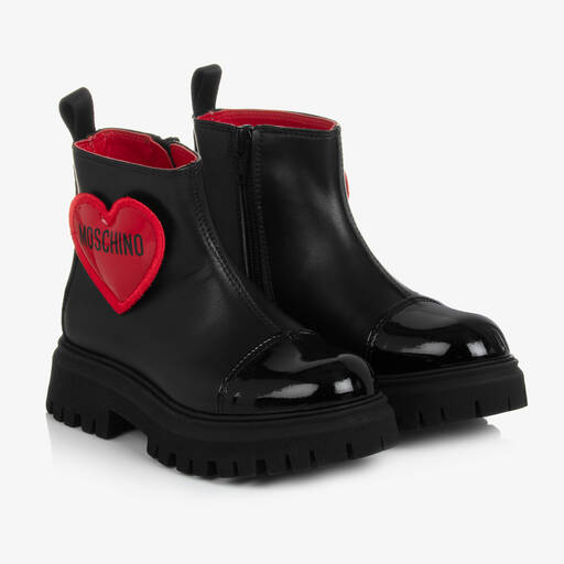 Moschino Kid-Teen-Girls Black & Red Leather Heart Boots | Childrensalon Outlet