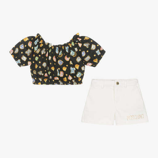 Moschino Kid-Teen-Girls Ivory Cotton Teddy Bear Shorts Set | Childrensalon Outlet