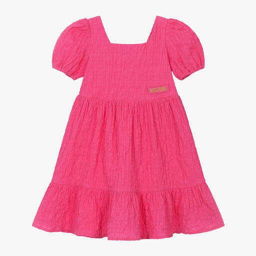 Moschino Kid-Teen-Girls Pink Puffed Sleeve Cotton Dress | Childrensalon Outlet