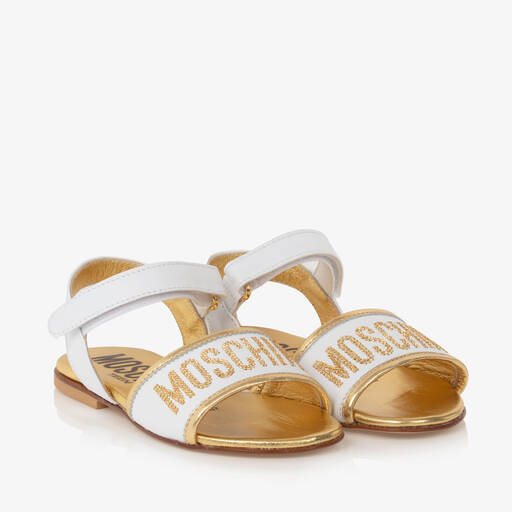 Moschino Kid-Teen-Girls White & Gold Leather Sandals | Childrensalon Outlet