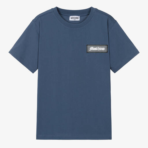 Moschino Kid-Teen-Синяя хлопковая футболка с аппликацией для мальчиков | Childrensalon Outlet