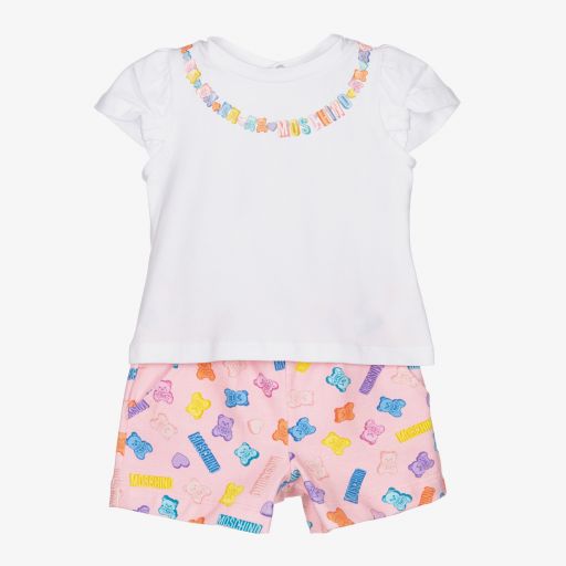 Moschino Baby-Белая футболка и розовые шорты из хлопка | Childrensalon Outlet
