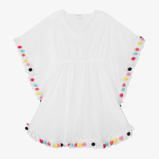 Nessi Byrd-Girls White Pom-Pom Cotton Kaftan | Childrensalon Outlet