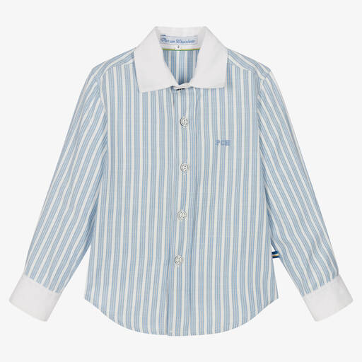 Pan Con Chocolate-Boys Blue & White Striped Cotton Shirt | Childrensalon Outlet