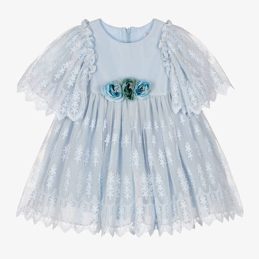Patachou-Girls Blue Embroidered Tulle Dress | Childrensalon Outlet