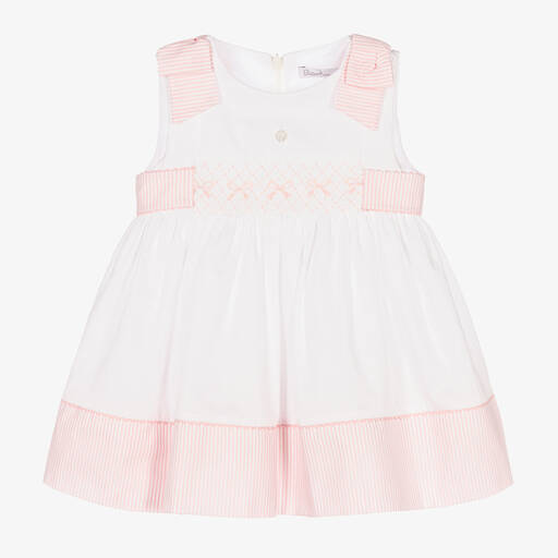 Patachou-Girls White & Pink Smocked Cotton Dress | Childrensalon Outlet