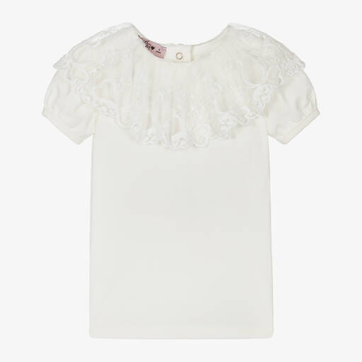 Phi Clothing-Girls Ivory Cotton & Lace T-Shirt | Childrensalon Outlet