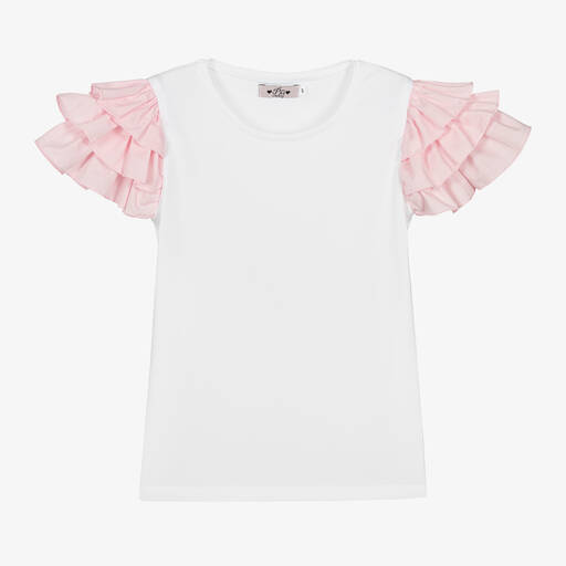 Phi Clothing-Girls White Cotton Frill Sleeve T-Shirt | Childrensalon Outlet