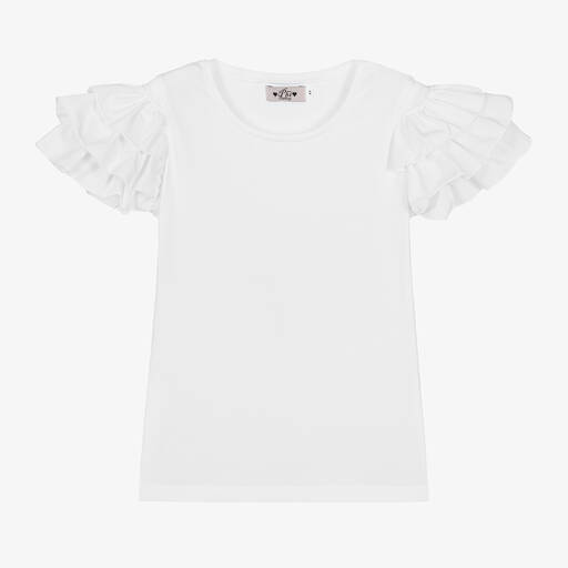 Phi Clothing-Girls White Cotton Frill Sleeve T-Shirt | Childrensalon Outlet