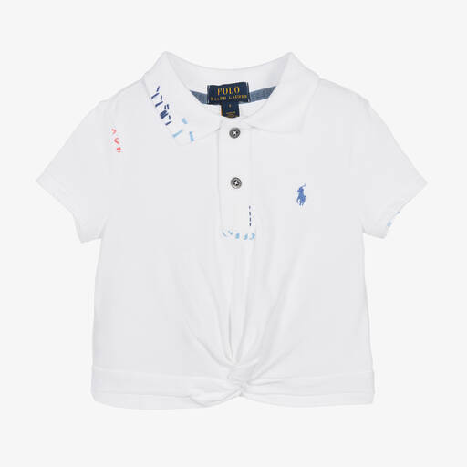 Ralph Lauren-Girls White Cotton Twist Polo Shirt | Childrensalon Outlet