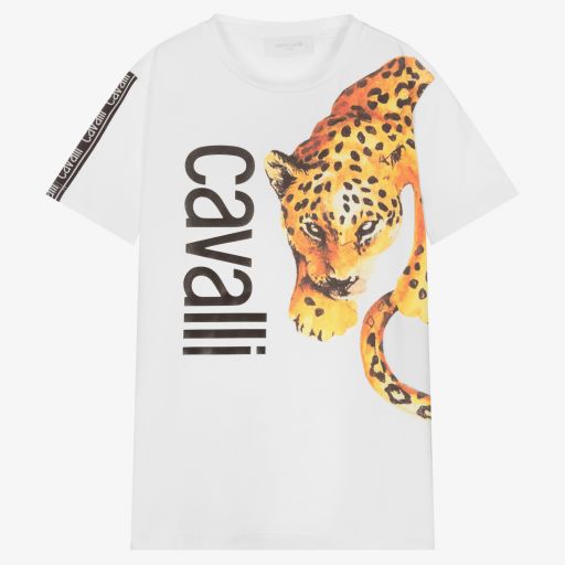 Roberto Cavalli-Белая футболка с леопардом для подростков | Childrensalon Outlet