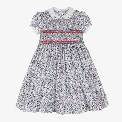 Sarah Louise-Girls Blue Floral Smocked Cotton Dress | Childrensalon Outlet