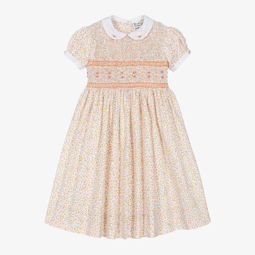 Sarah Louise-Girls Ivory Floral Smocked Cotton Dress | Childrensalon Outlet