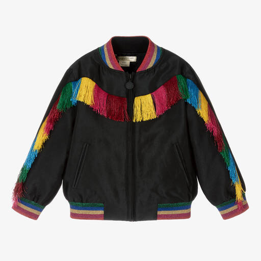 Stella McCartney Kids-Girls Black Fringe Satin Bomber Jacket | Childrensalon Outlet