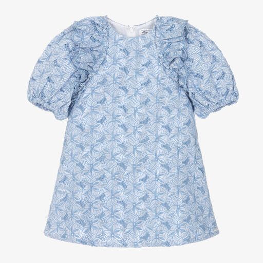 Tartine et Chocolat-Girls Blue Cotton Broderie Anglaise Dress | Childrensalon Outlet