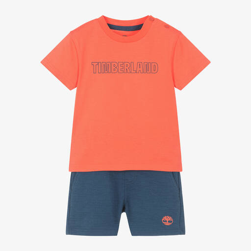 Timberland-Boys Coral Red & Blue Cotton Shorts Set | Childrensalon Outlet