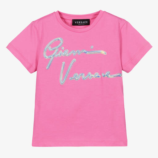 Versace-Розовая футболка с логотипом-подписью | Childrensalon Outlet