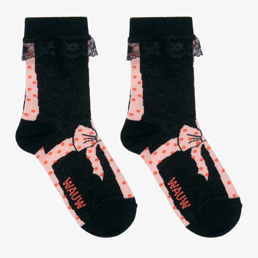 Wauw Capow-Girls Black & Pink Bow Socks | Childrensalon Outlet