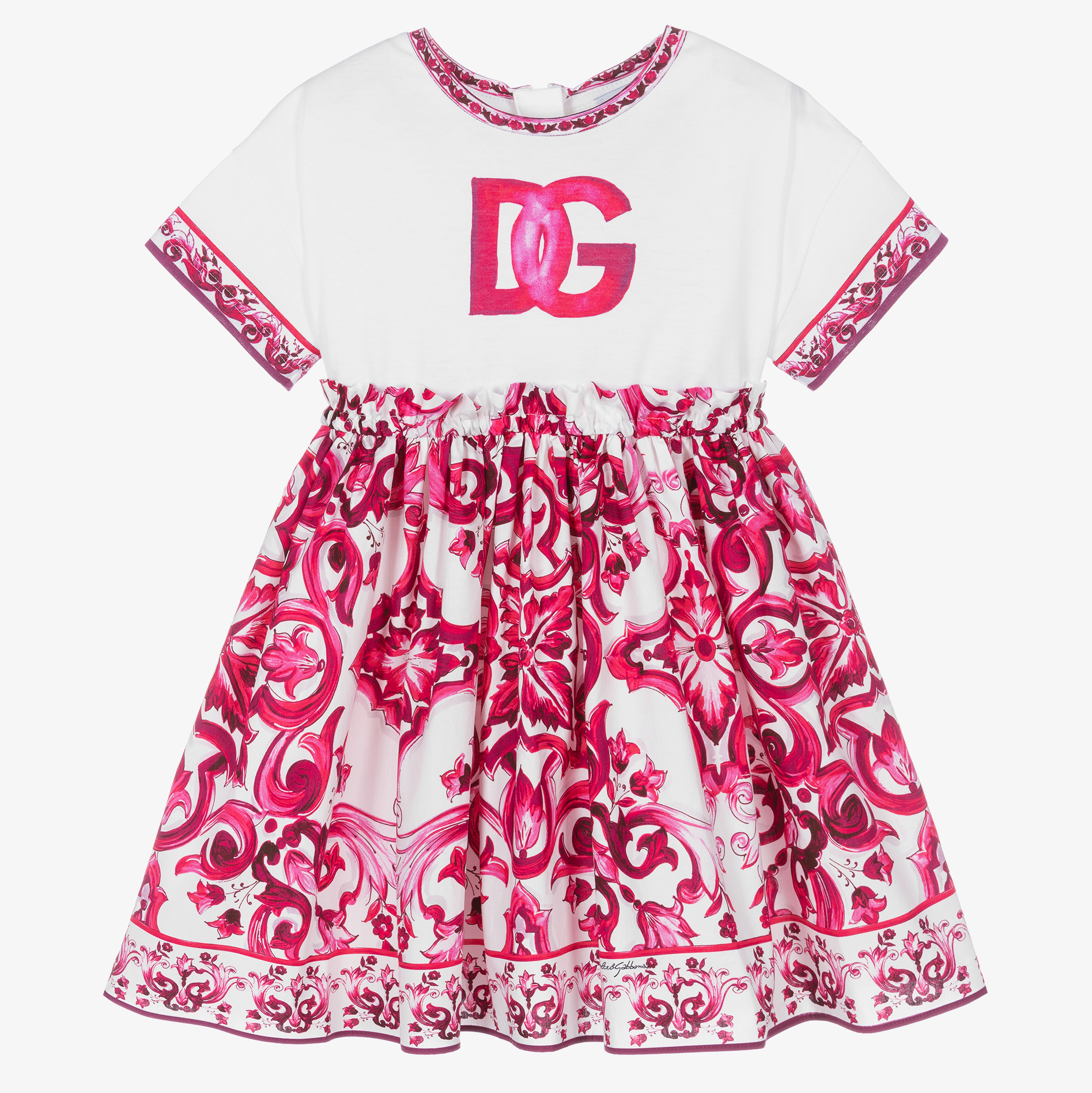 Dolce & Gabbana - Baby Girls White & Pink Cotton Majolica Dress