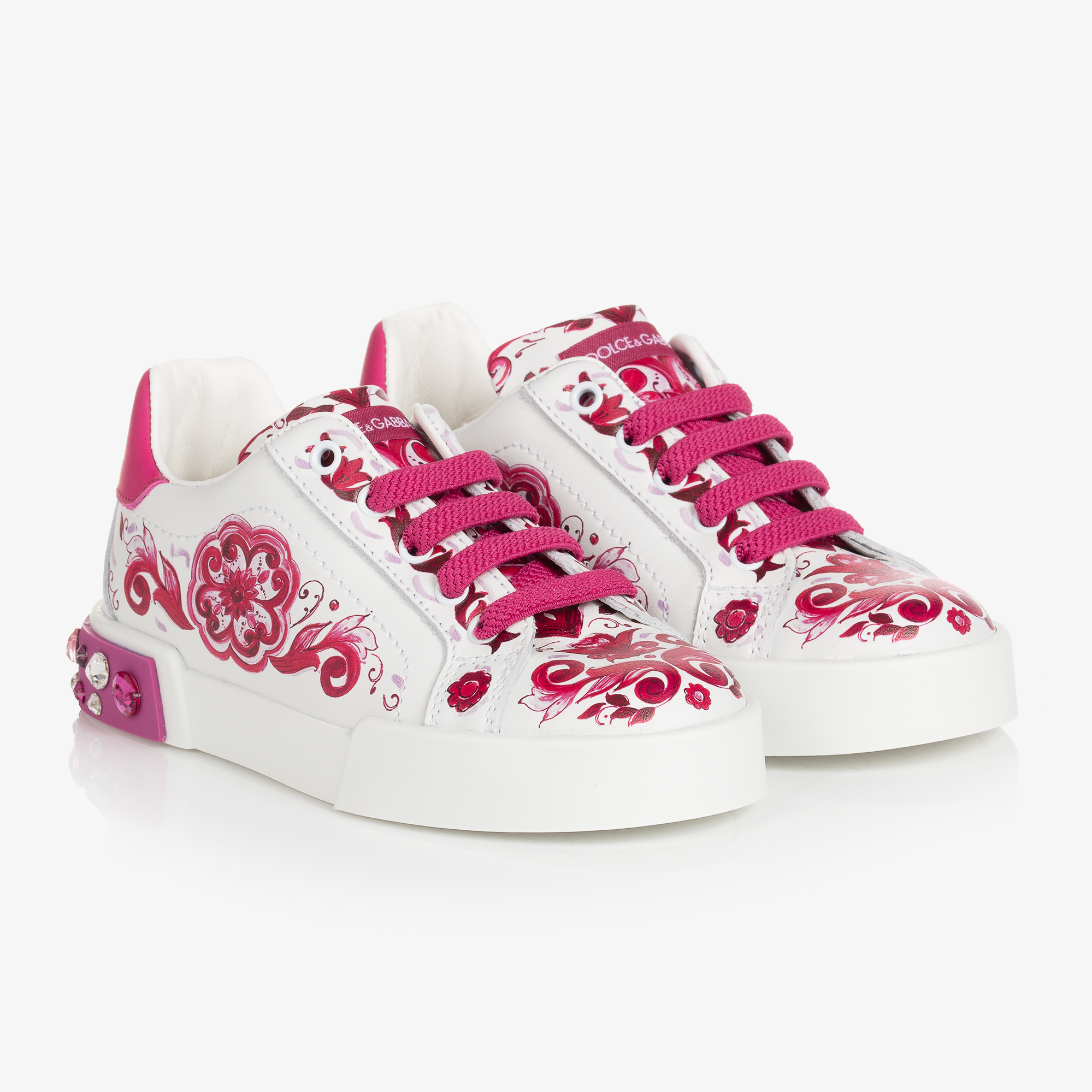 Dolce Gabbana Girls Pink White Leather Majolica Trainers Childrensalon Outlet