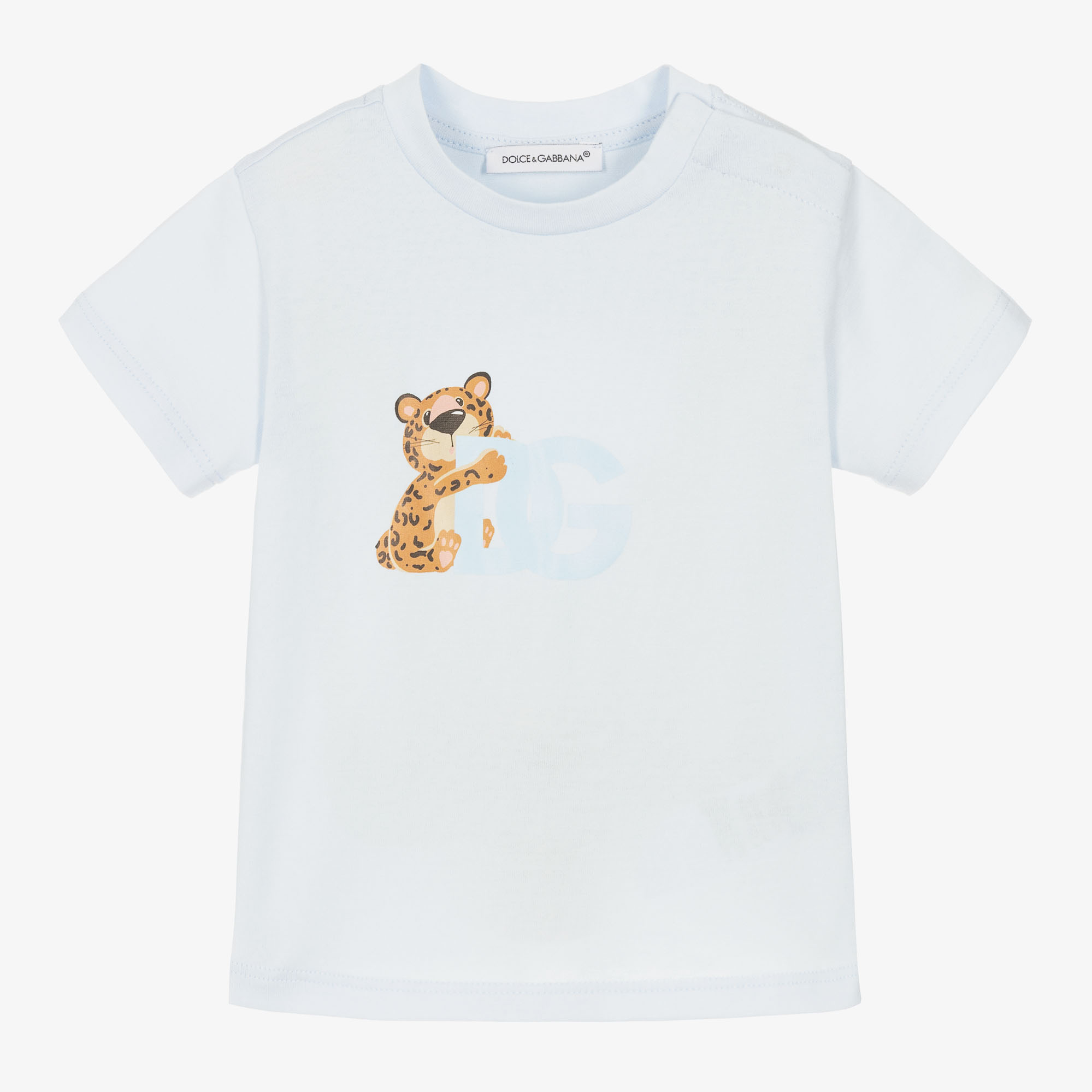 Dolce Gabbana Pale Blue Cotton Leopard Logo T Shirt