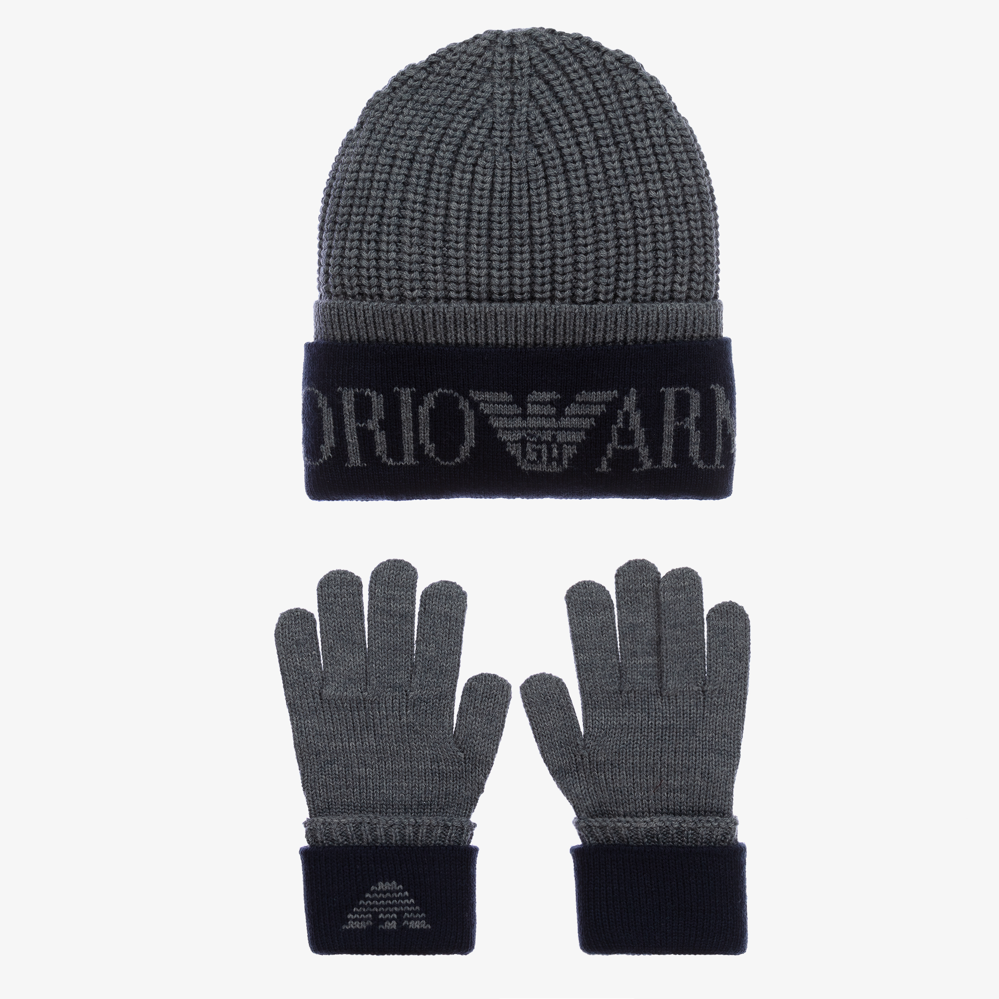 Emporio Armani Boys Grey Navy Blue Wool Knit Hat Set