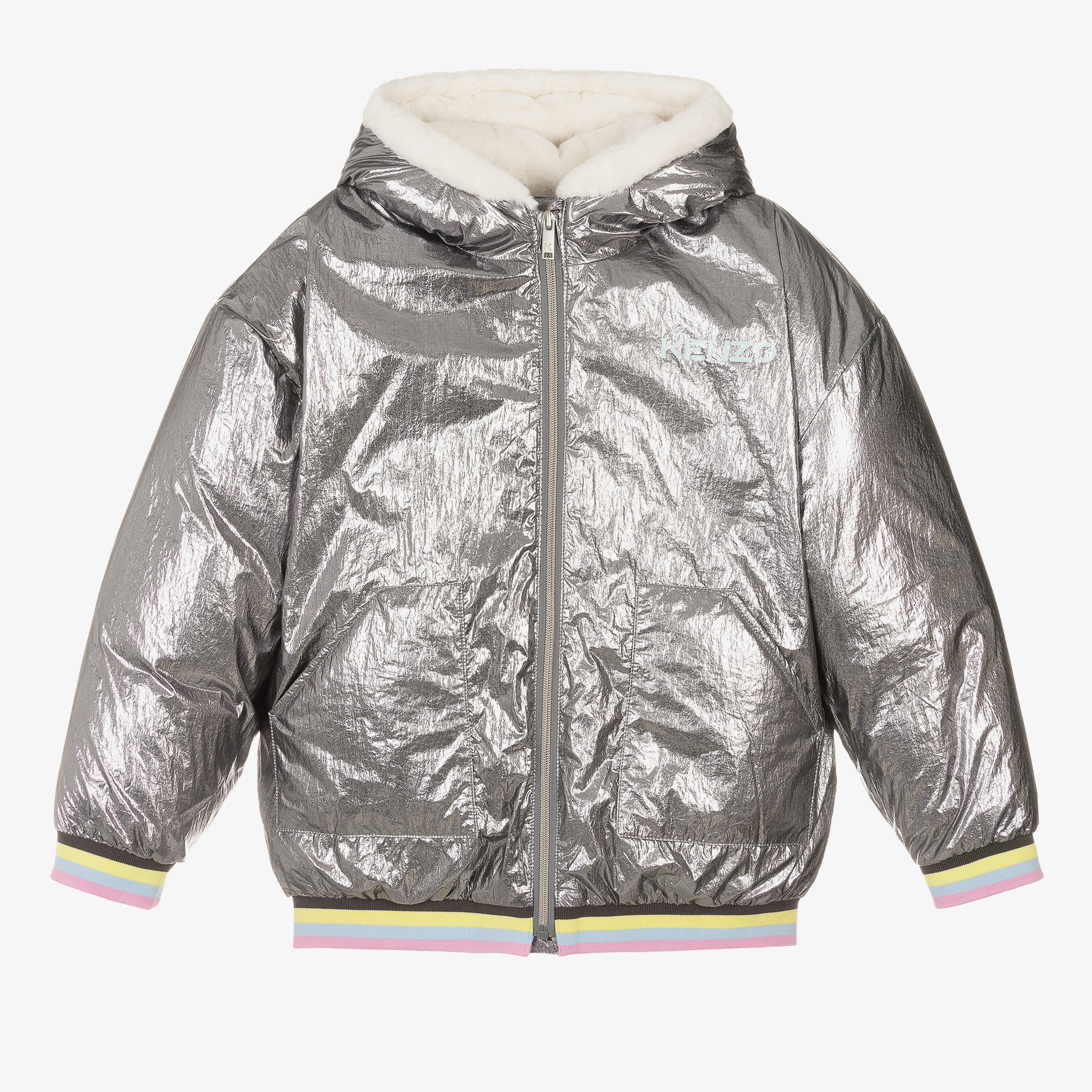 Metallic silver store bubble coat