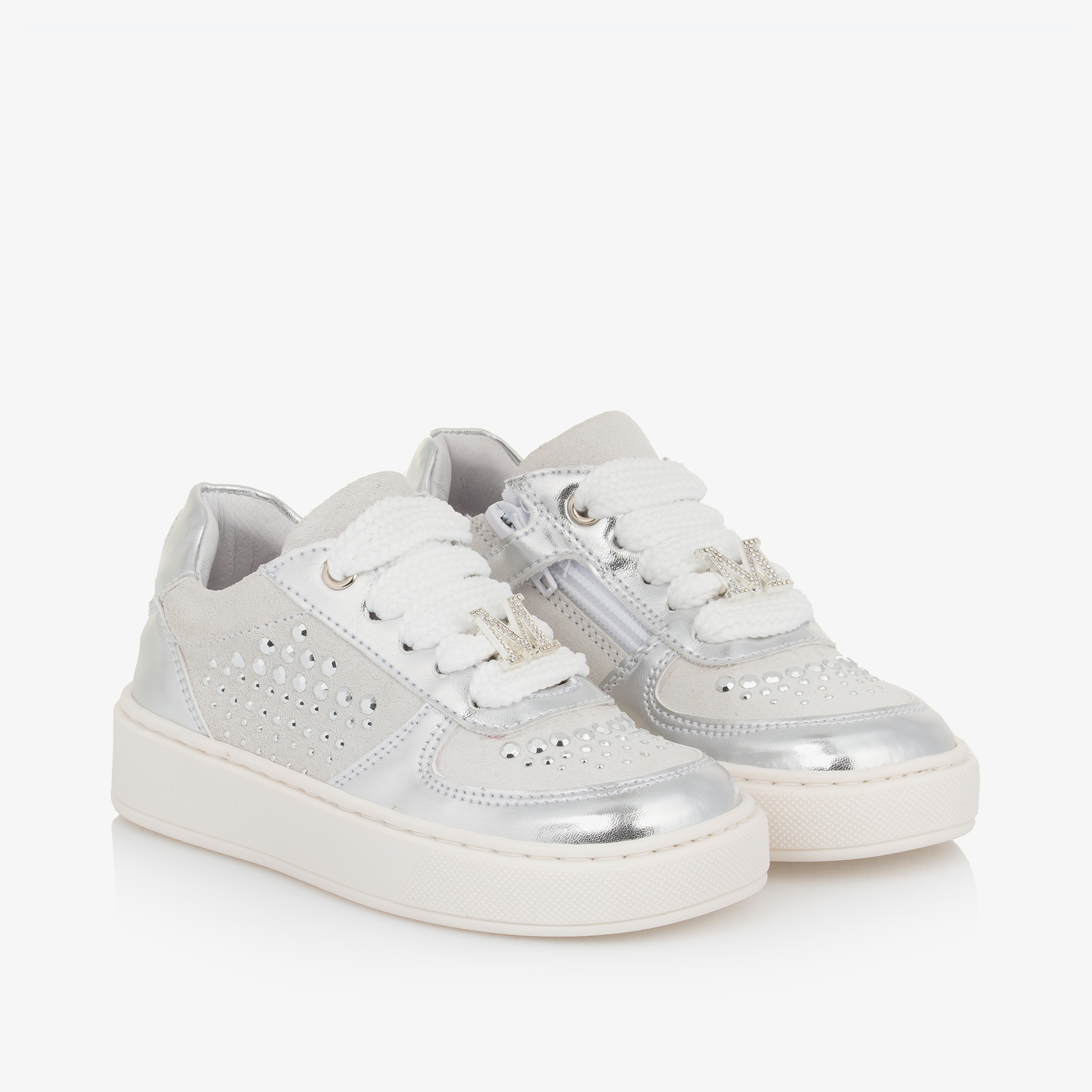 Monnalisa Girls Grey Silver Leather Trainers