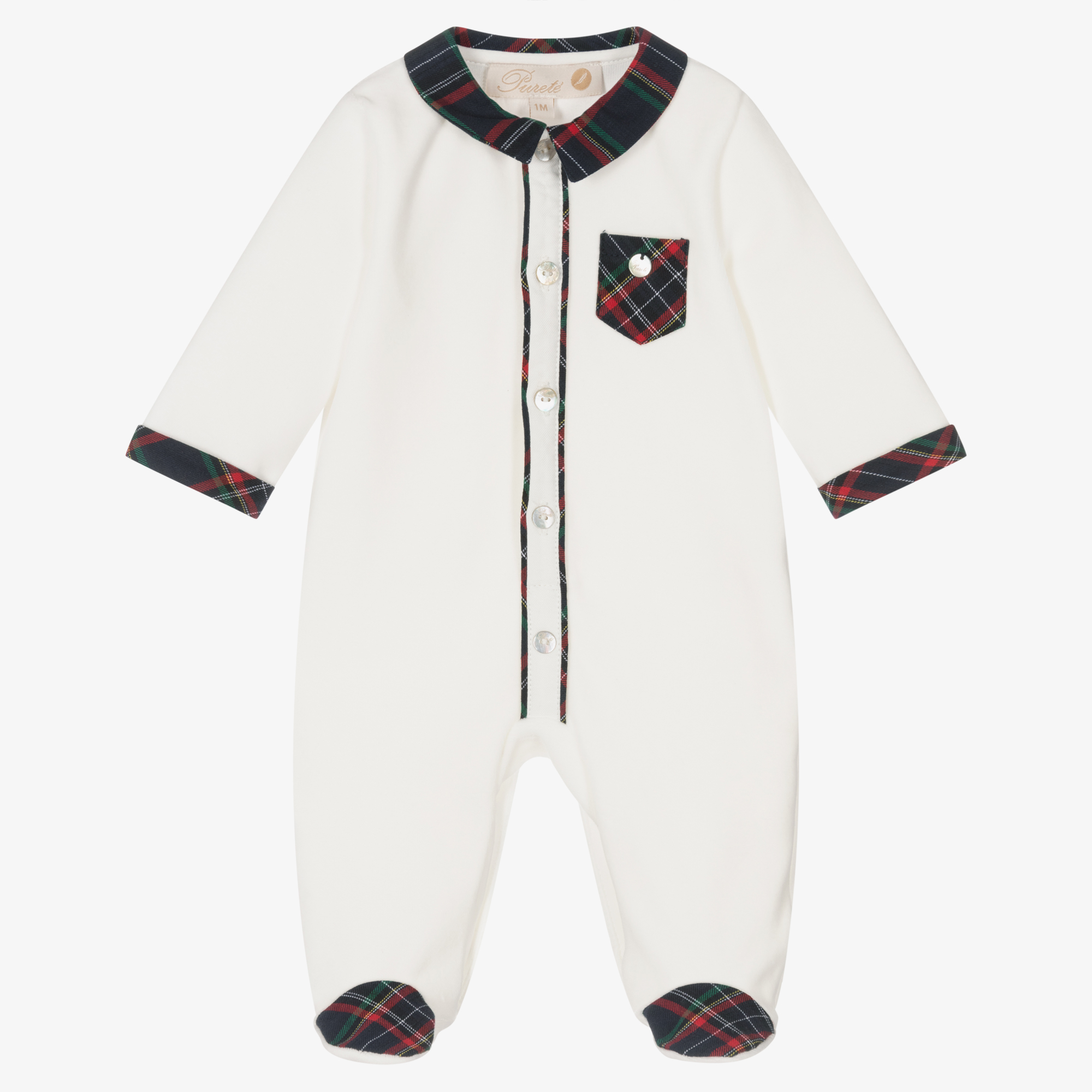 Puret Du B b Ivory Velour Tartan Babygrow