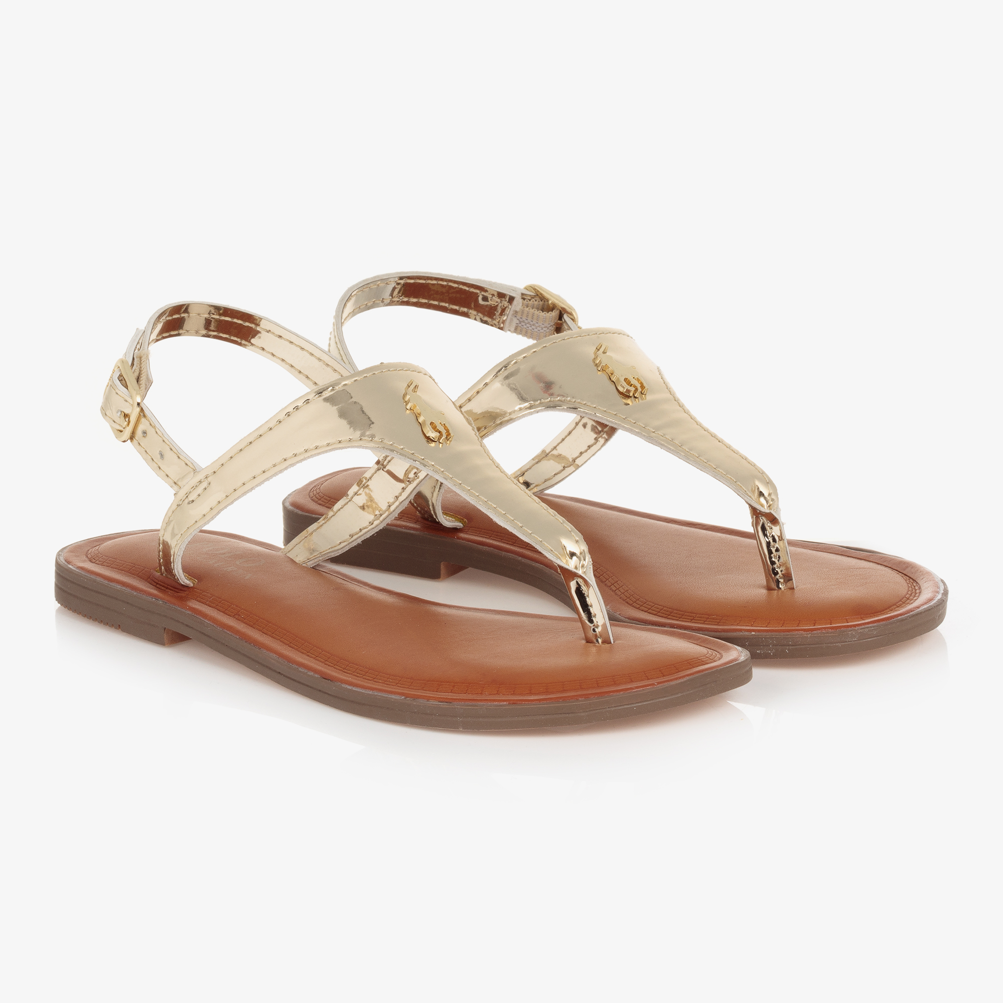 Ralph Lauren Girls Gold Faux Leather Logo Sandals