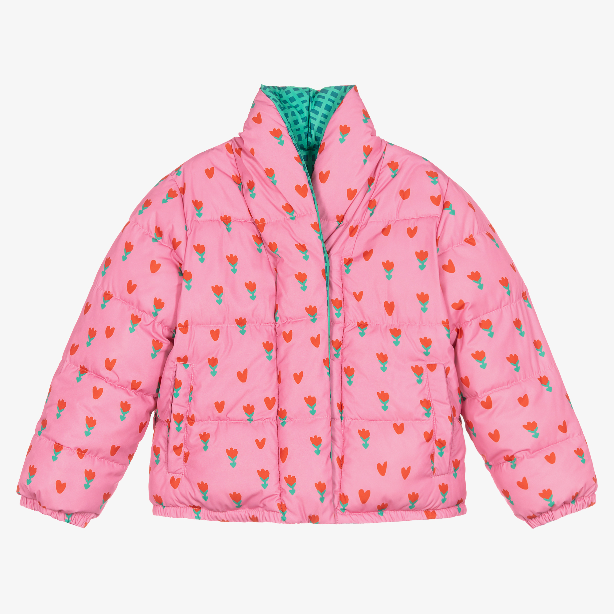 Stella McCartney Kids Girls Pink Tulips Reversible Puffer Jacket