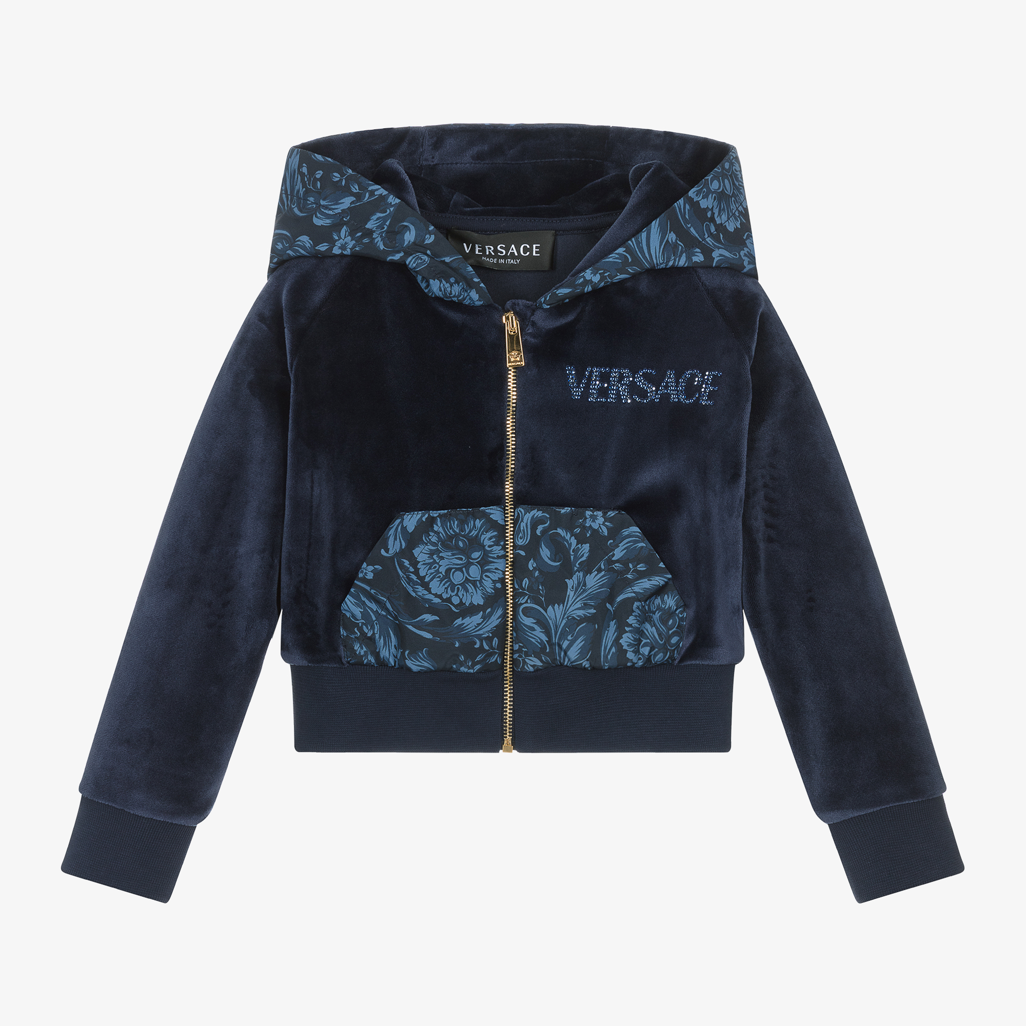 Versace Girls Blue Velour Zip Up Hoodie